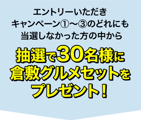 エントリーいただきキャッシュバックに当選しなかった方の中から抽選で30名様に倉敷グルメセットをプレゼント！